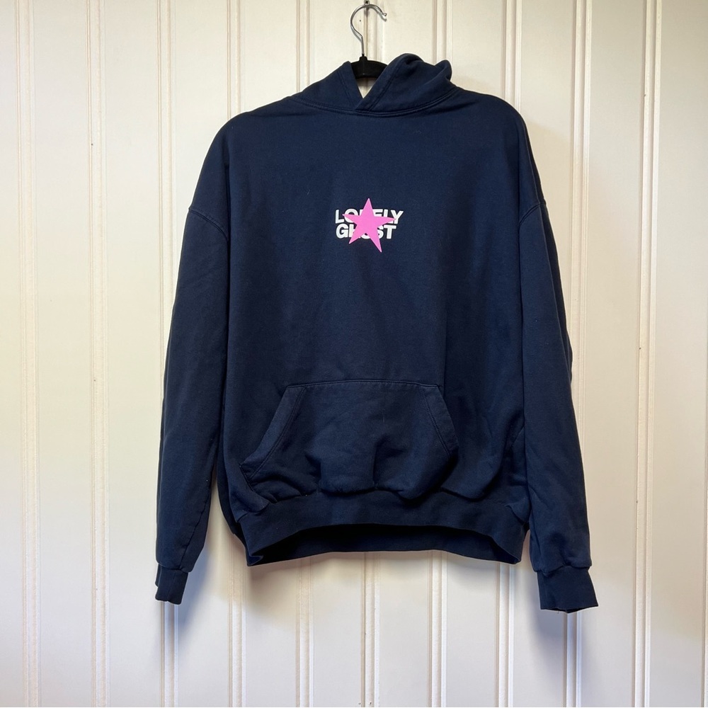 Lovely Ghost Navy Hoodie with Pink Star Logo size Large
